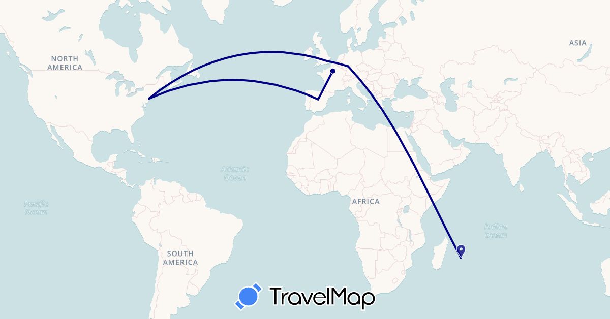 TravelMap itinerary: driving in Germany, Spain, France, United Kingdom, Réunion, United States (Africa, Europe, North America)